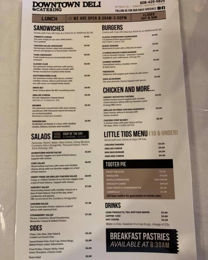 Menu at Downtown Deli restaurant, Somerset