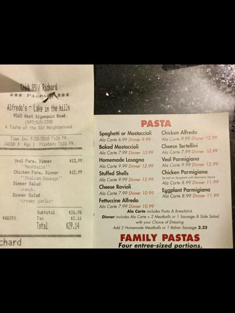 Menu at Alfredo's Pizza & Pasta pizzeria, Lake in the Hills