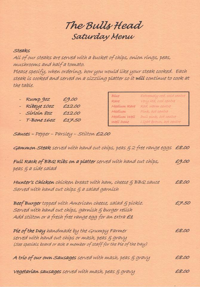 Menu at The Bull Shed steakhouse, Belper