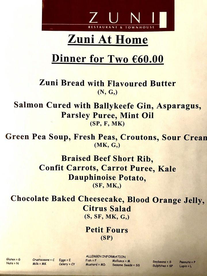 Zuni Restaurant Boutique Hotel in Kilkenny Restaurant menu and