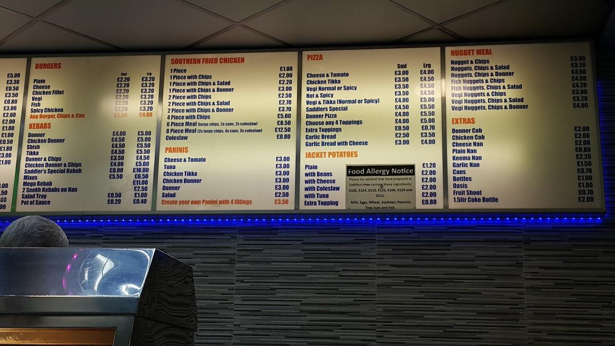 Menu at Saddlers Halal fast food, Derby