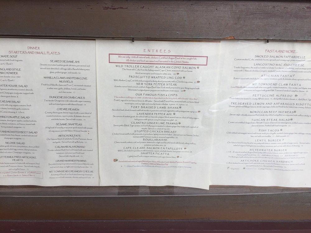 Menu at Silverwater Cafe, Port Townsend