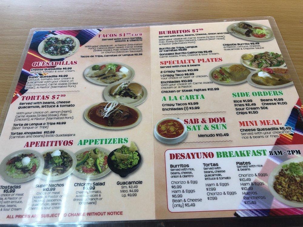 Menu at Tacos Gonzalez restaurant, Indio