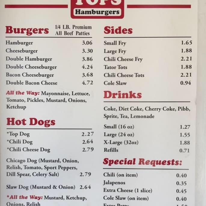 Menu at Tops Choice Hamburgers restaurant, Niceville