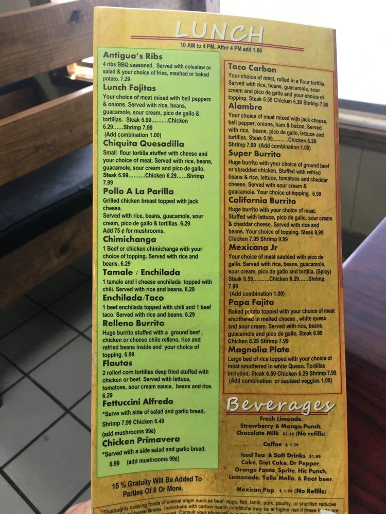 Menu at Antiguas Grill restaurant, Magnolia