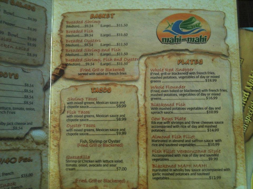 Menu at Mahimahi restaurant, Brownsville