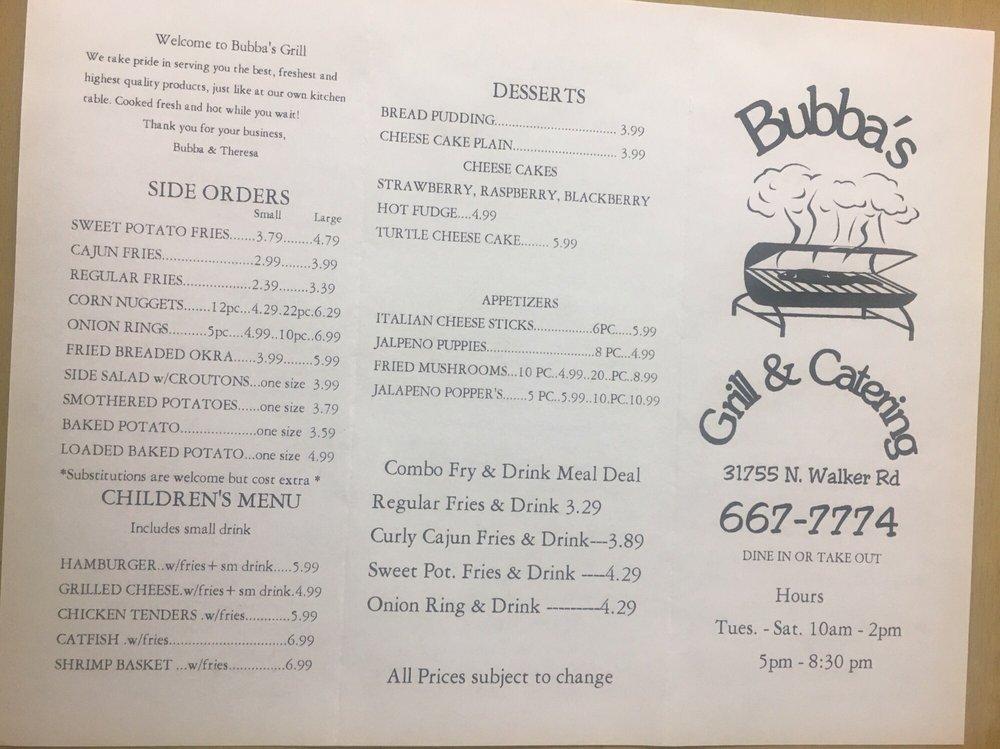 Menu at Bubba's Grill & Catering restaurant, Walker