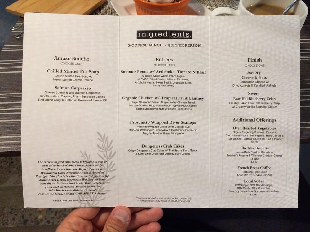 Menu at In.gredients restaurant, Redmond
