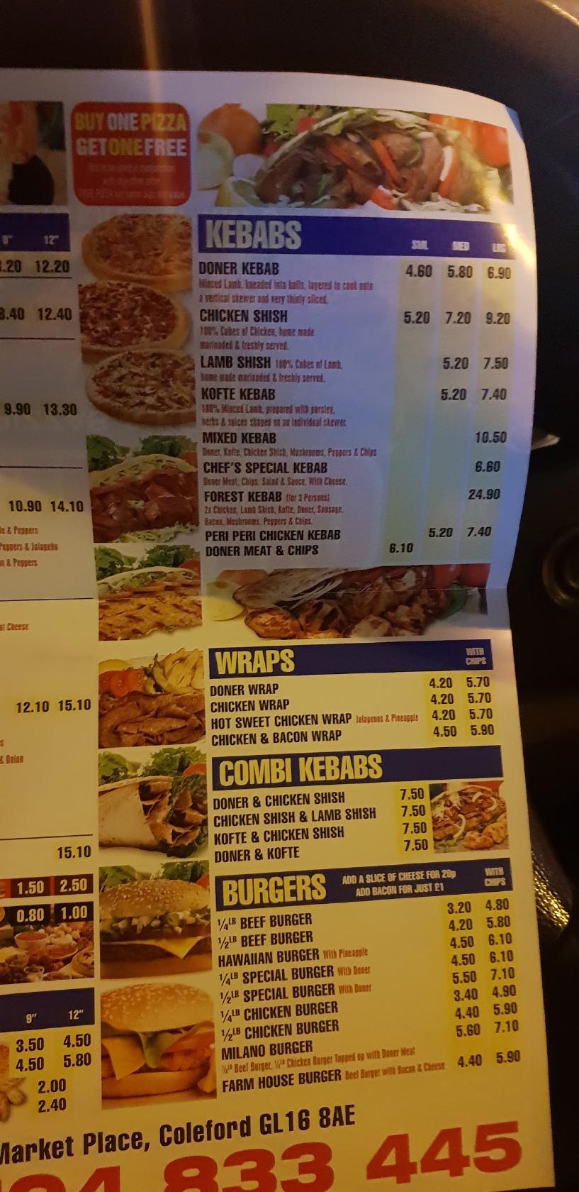 Menu at Milano pizzeria, Coleford