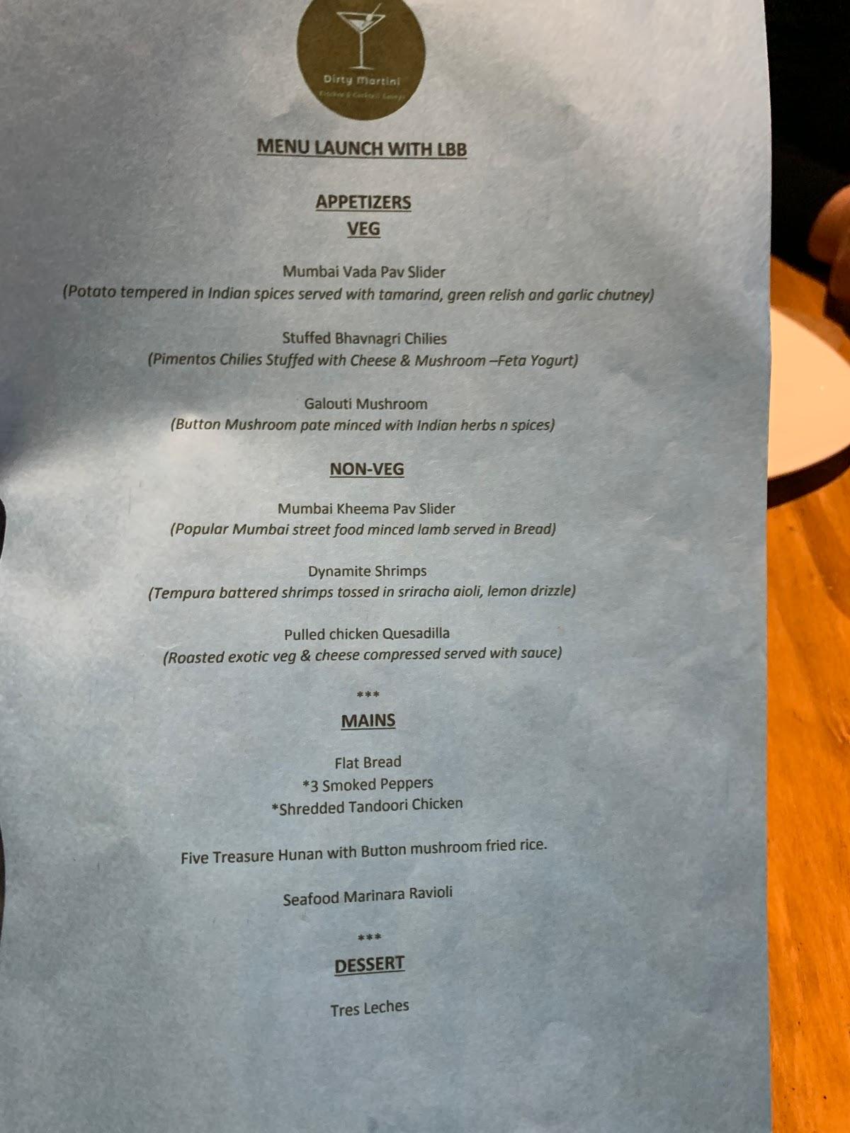 Menu at Diirrty Martini Kitchen & Cocktail Lounge, Hyderabad, Alcazar