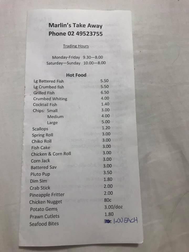 Menu at Marlin's Takeaway fast food, Lambton