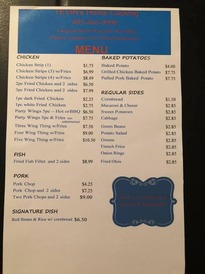 Menu at Tevin's Home Cooking restaurant, Langston