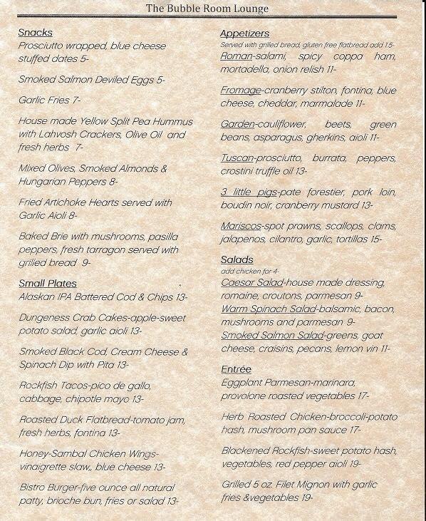 Menu at The Bubble Room restaurant, Juneau