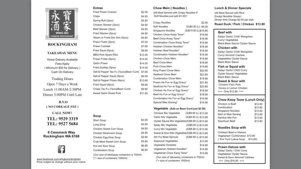 Menu at Wing Bo Chinese Restaurant, Waikiki