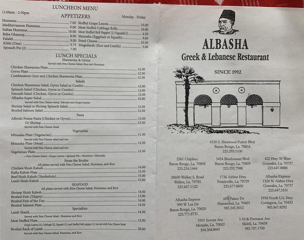 Menu at Albasha Greek & Lebanese Restaurant, Baton Rouge, 4520 S ...