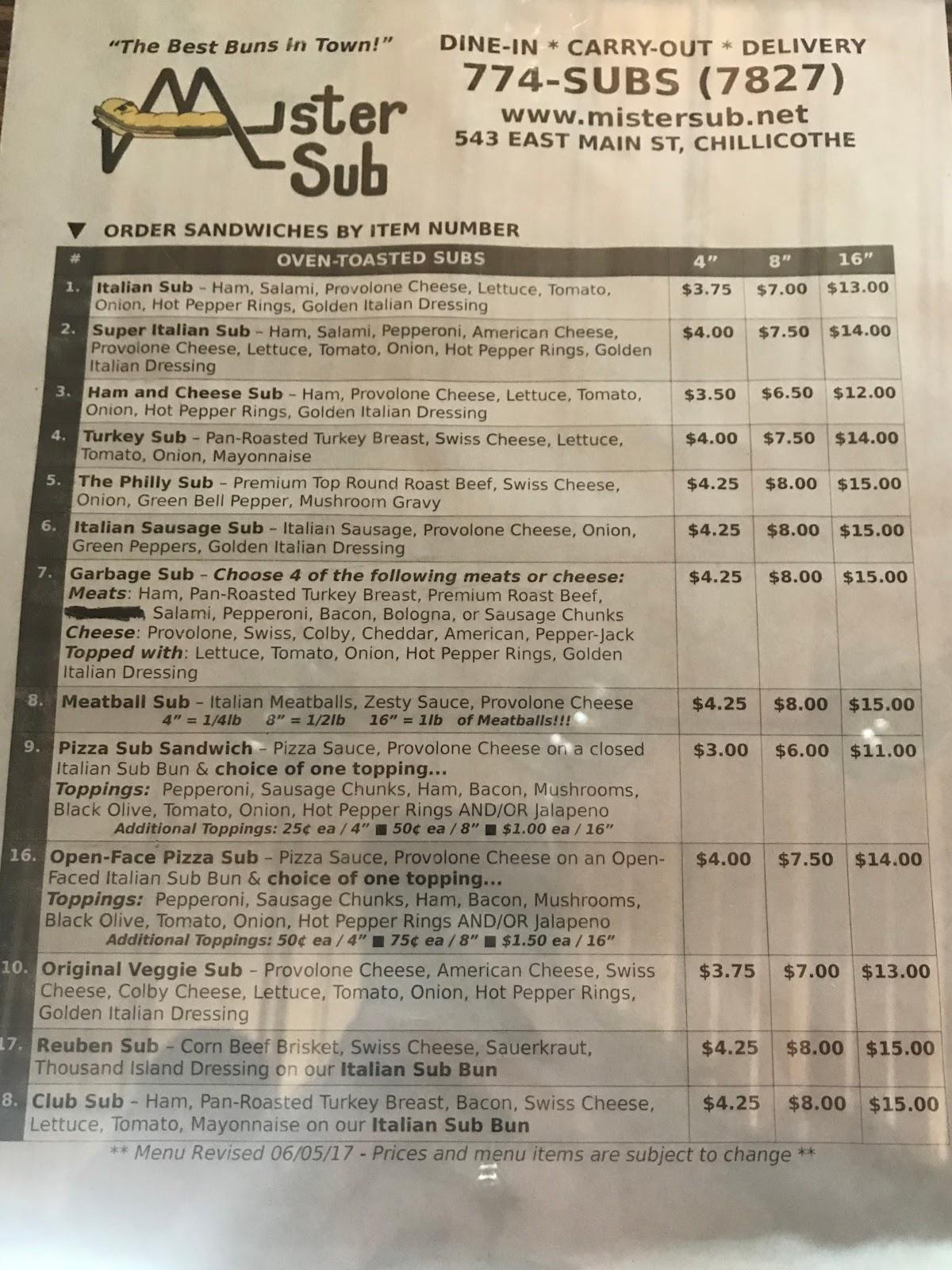 mister submarine menu
