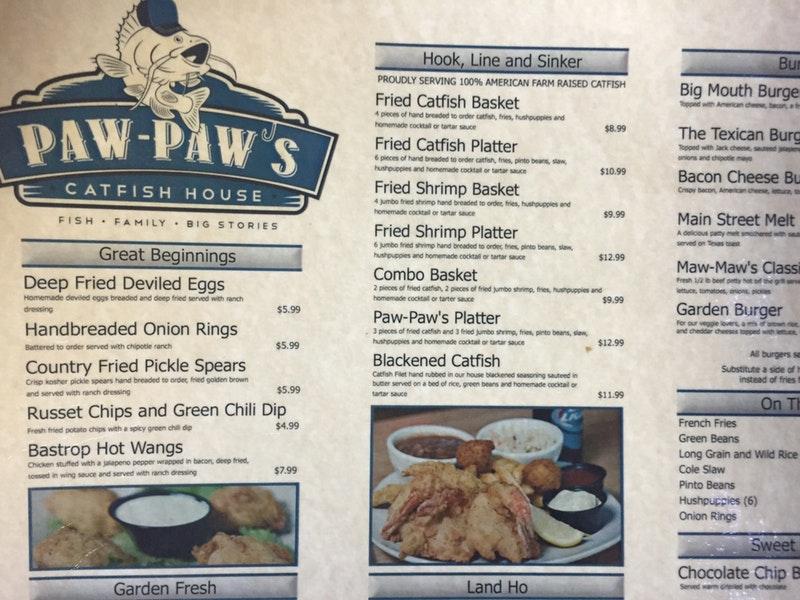 Menu at Paw Paws Catfish House restaurant, Bastrop