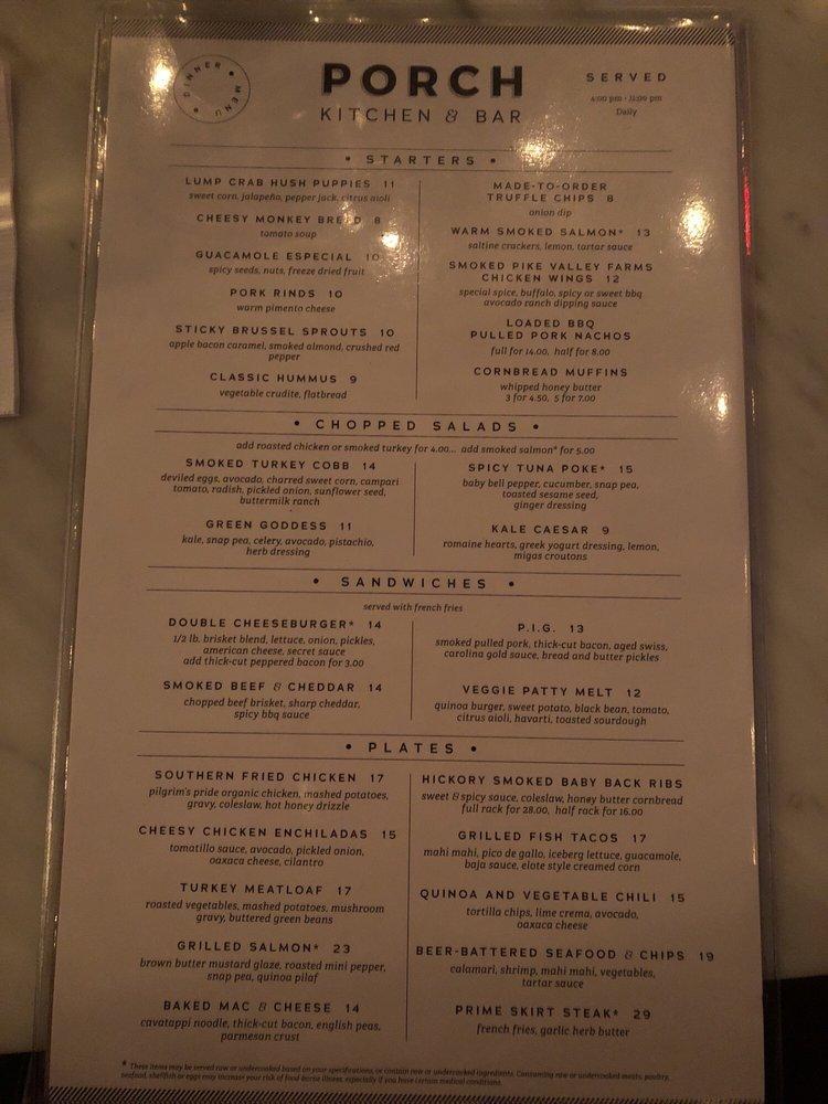 Menu at Porch Kitchen & Bar, Louisville