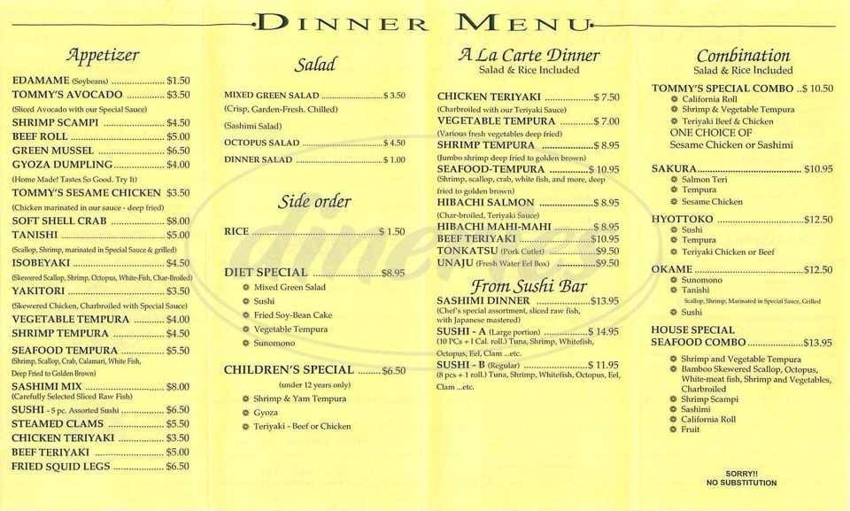 Menu at Tommy's Sushi Japanese Restaurant, Tustin