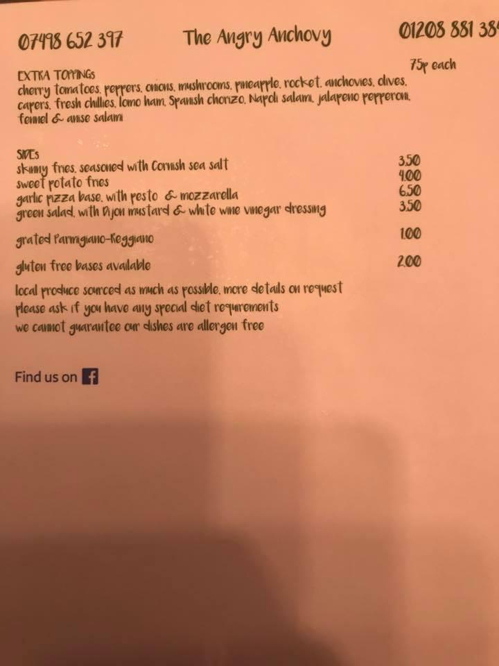 Menu at The Angry Anchovy pizzeria, Port Isaac