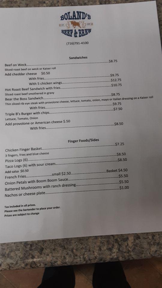 Menu at Bolands Beef and Brew pub & bar, Ransomville