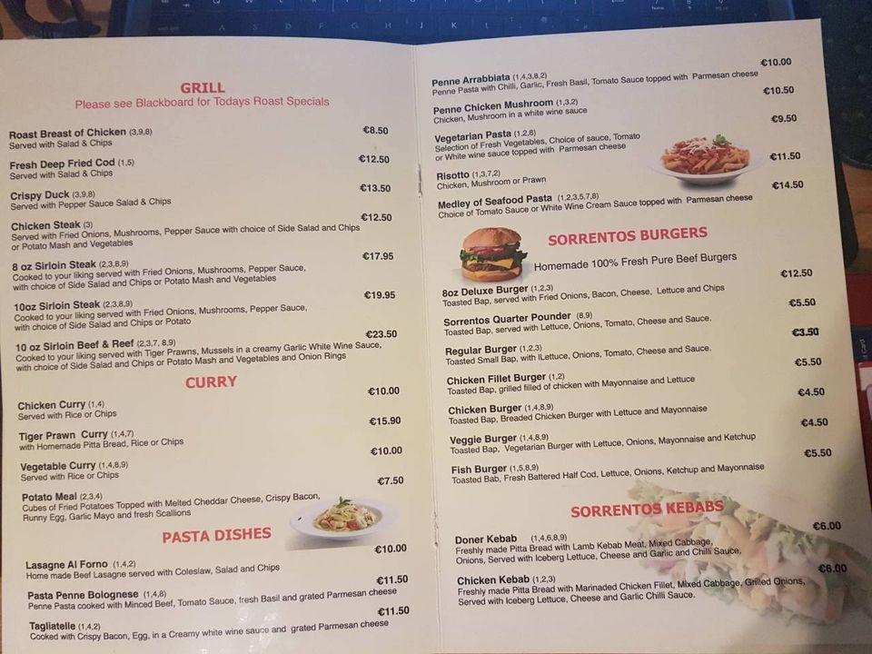 Menu at Sorrentos Family Restaurant & pizzeria., Bunclody