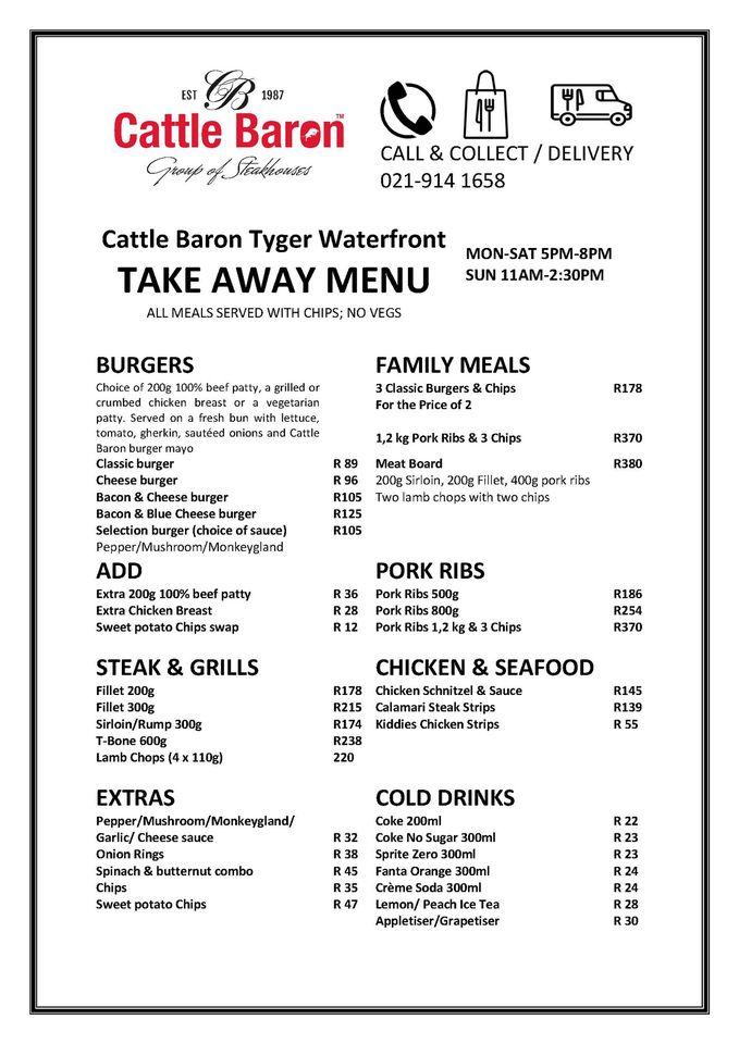 Menu at Cattle Baron Tyger Waterfront, Cape Town, Shops 58