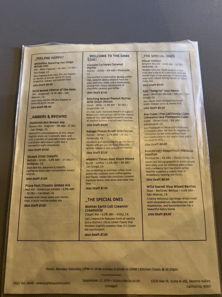Menu at Safe Haus Craft Beer & Kitchen restaurant, Moreno Valley