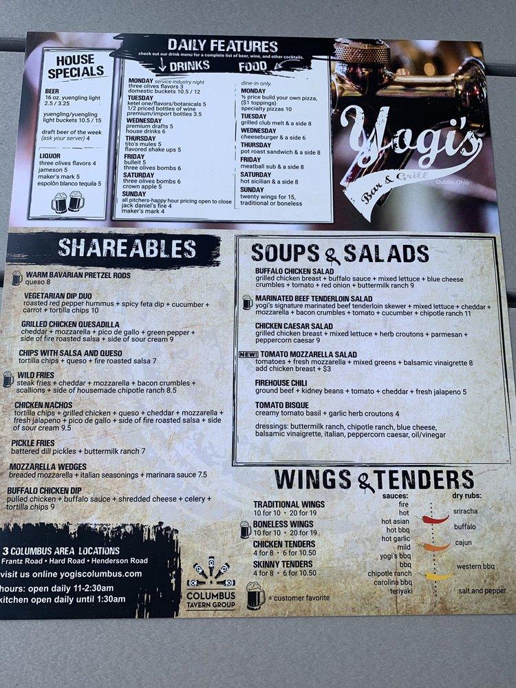Menu at Yogi’s Bar & Grill, Columbus