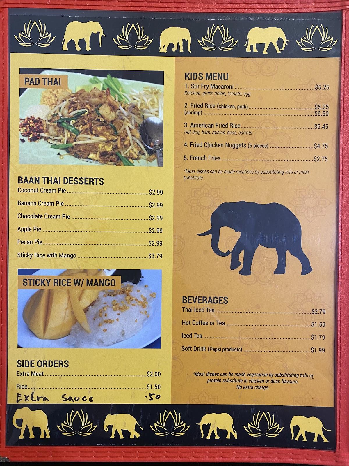 Menu at Baan Thai restaurant, Vandalia