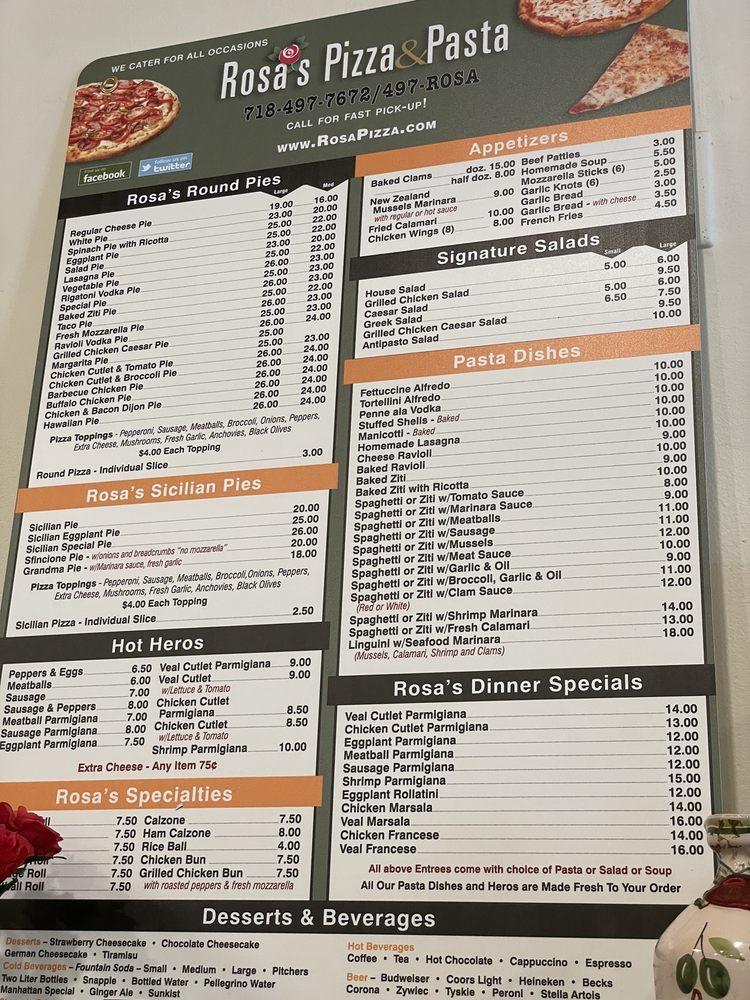 Menu at Rosa's Pizza pizzeria, New York City, 62-65 Fresh Pond Rd