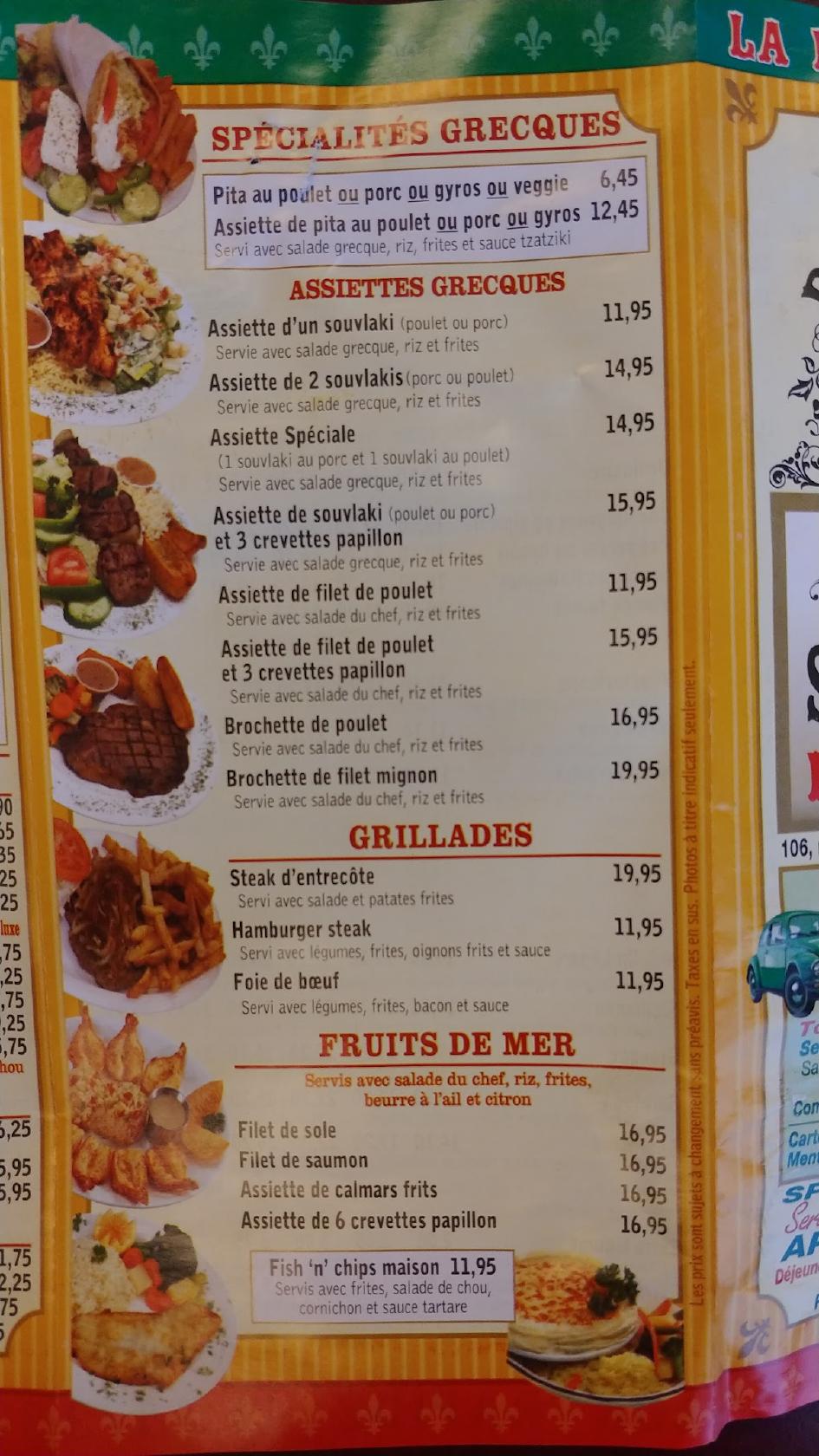 Menu au Vieux StEustache Pizzeria, SaintEustache