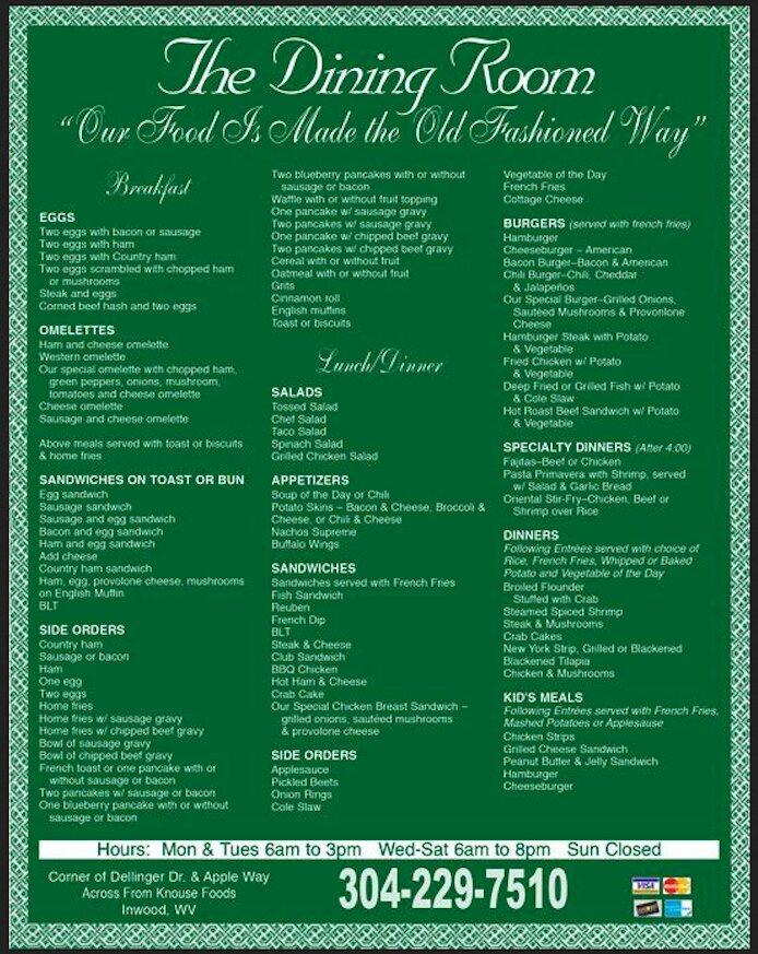 Menu at The Dining Room restaurant, Inwood, 368 True Apple Way