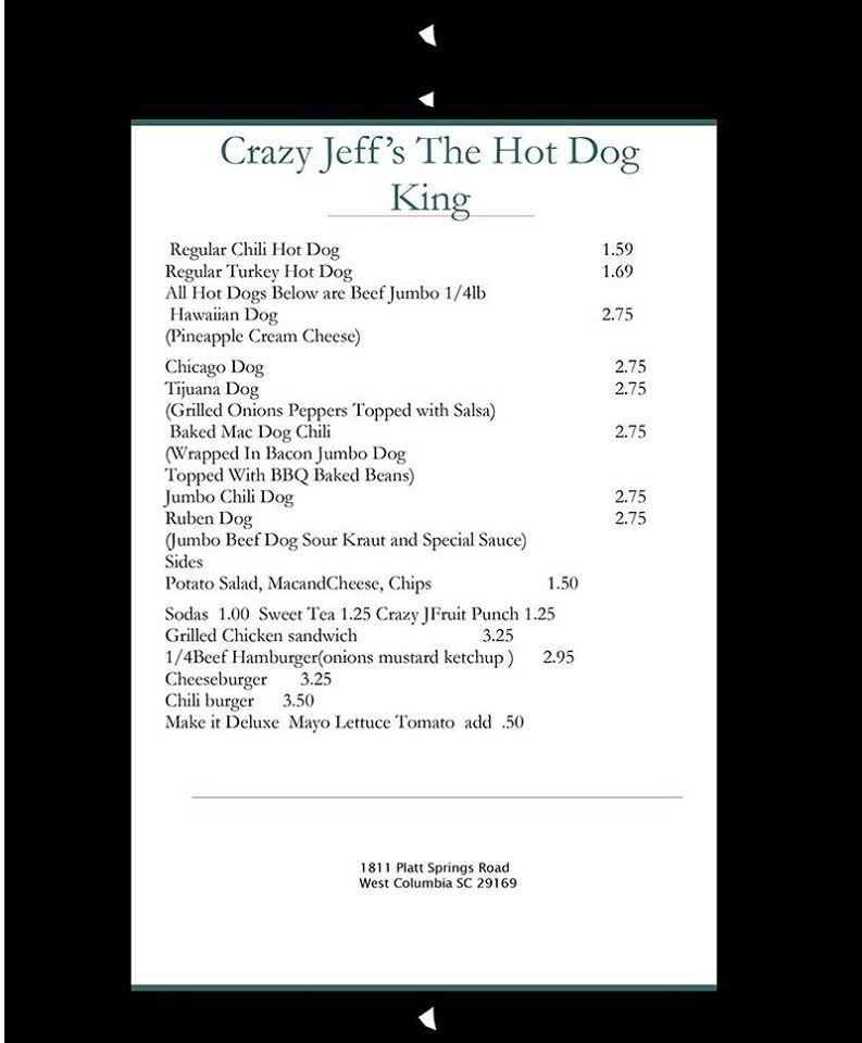 Menu at The Original Crazy JEFFS HOT DOG CHEF restaurant, Columbia