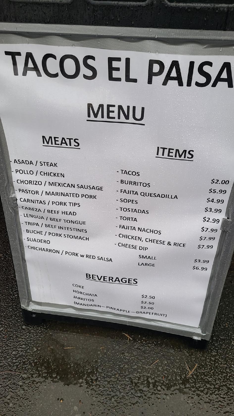 Menu at Tacos el Paisa Food Truck restaurant, Conway