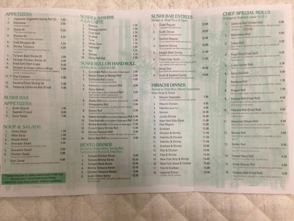 Menu at Yamato restaurant, Decherd