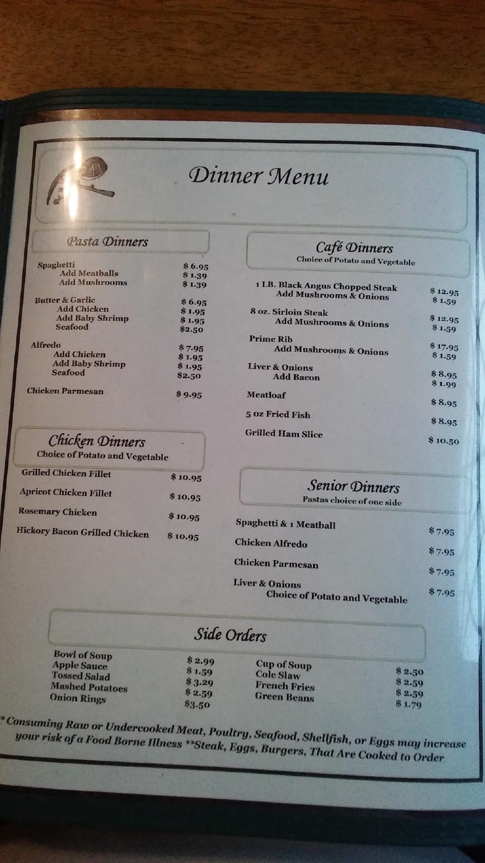 Menu at Coal Miner's Diner restaurant, Jennerstown
