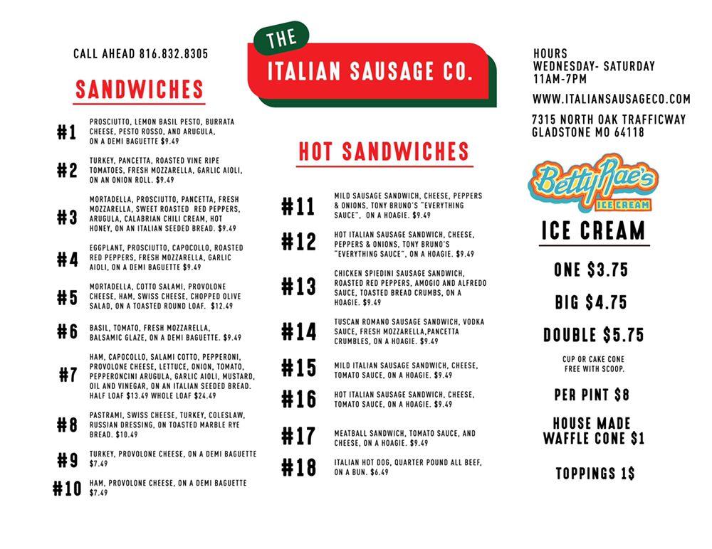 Menu At The Italian Sausage Co Restaurant Gladstone   R268 The Italian Sausage Co Menu 