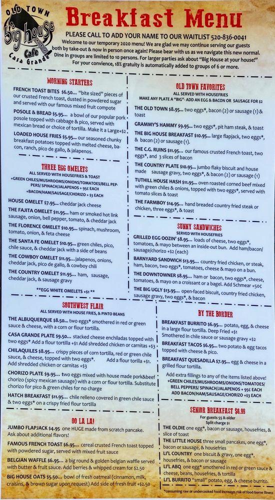 Menu at Big House Cafe & Catering, Casa Grande