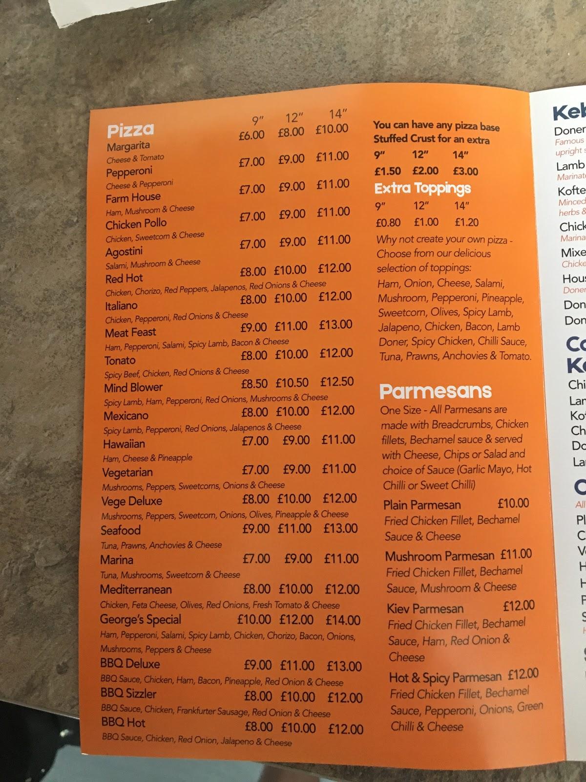 Menu at Pancho’s New Formby pizzeria, Liverpool
