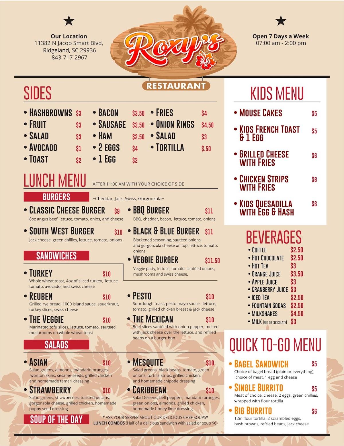 Menu at Roxy's Restaurant, Ridgeland