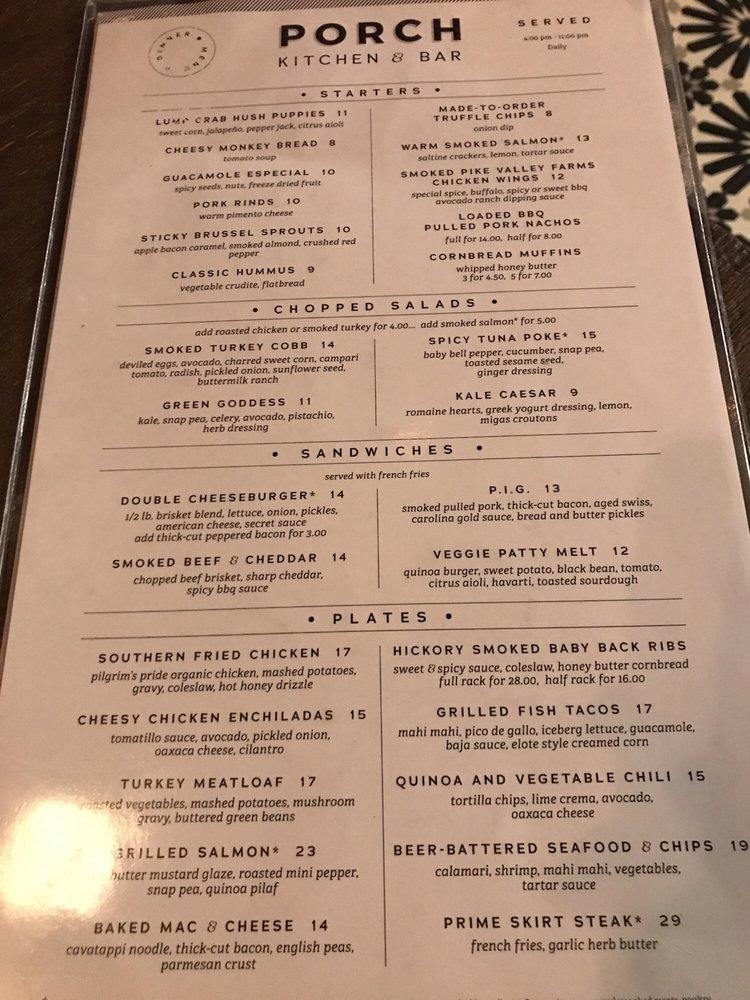 Menu at Porch Kitchen & Bar, Louisville