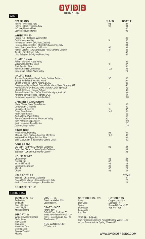 Menu at Ovidio Italian Restaurant, Fresno