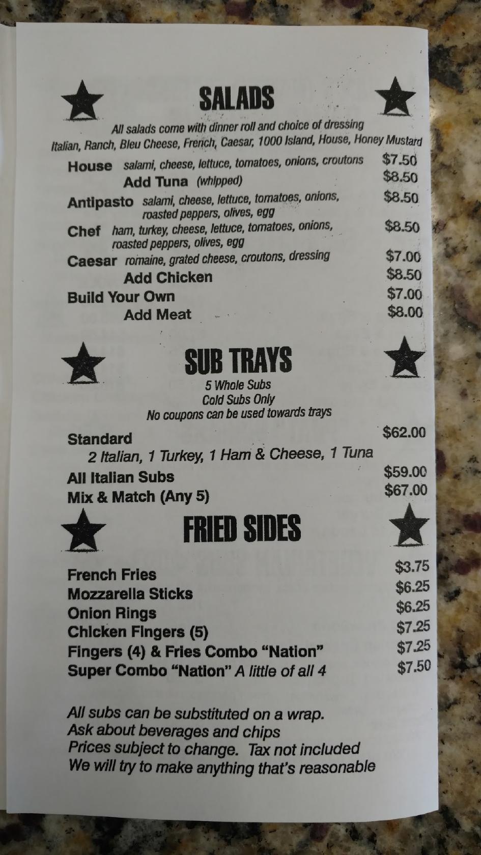 Menu at Pete's Subs restaurant, Egg Harbor Township
