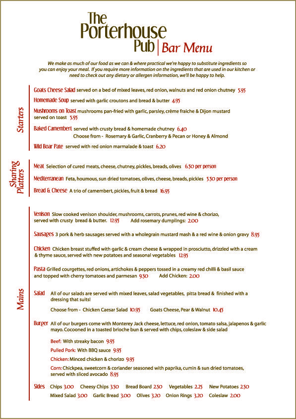 Menu at The Porterhouse Pub, Willingham