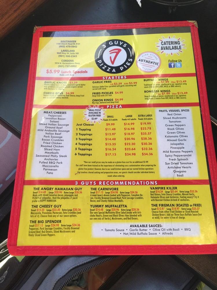 Menu at Three Guys Pizza pizzeria, Memphis, N Germantown Pkwy