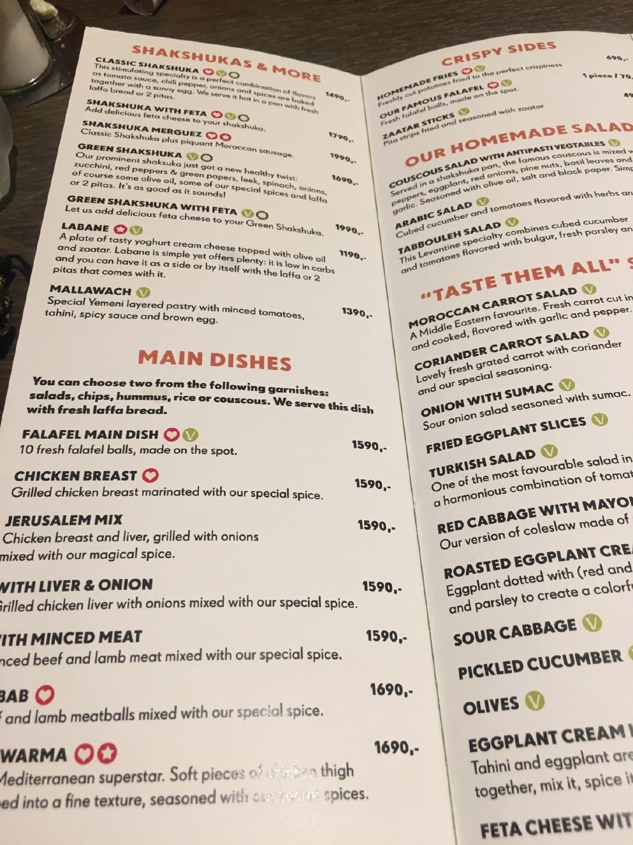 Menu at hummusbar, Budapest, Váci u 82