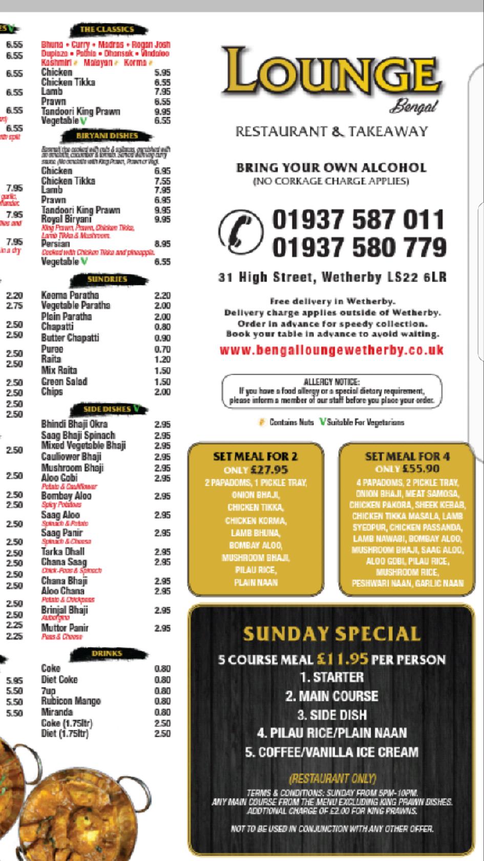 Menu at Bengal Lounge Wetherby restaurant, Wetherby