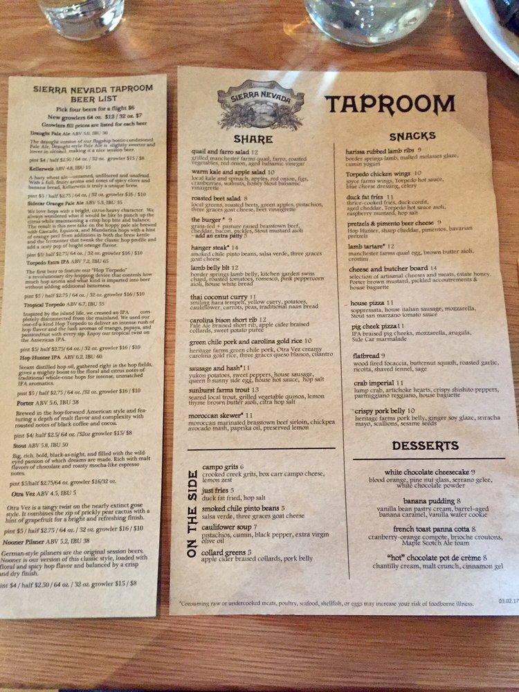 Menu At Sierra Nevada Taproom Pub And Bar Mills River