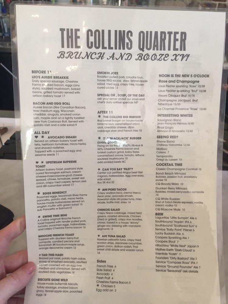 Menu at The Collins Quarter cafe, Savannah, 151 Bull St